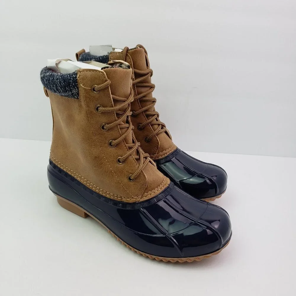NEW Just Fab Evi Womens Size 7 Tan Blue Cold Weather Duck Rain Boots